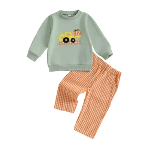 Boys 2Pcs Outfit Set-Long Sleeve-Crew Neck Tops-Plaid Pants
