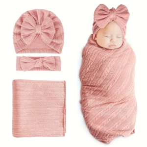 3 Pc-Newborn Set-Swaddle Blankets-Hat-Bow Headband